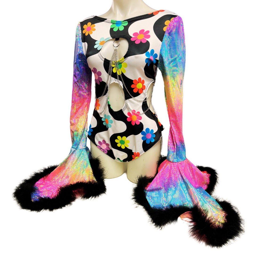 OOAK | Size XLARGE | Aria Cut-Out Cascade Bell Sleeve Bodysuit with Fluff and Chain Detail