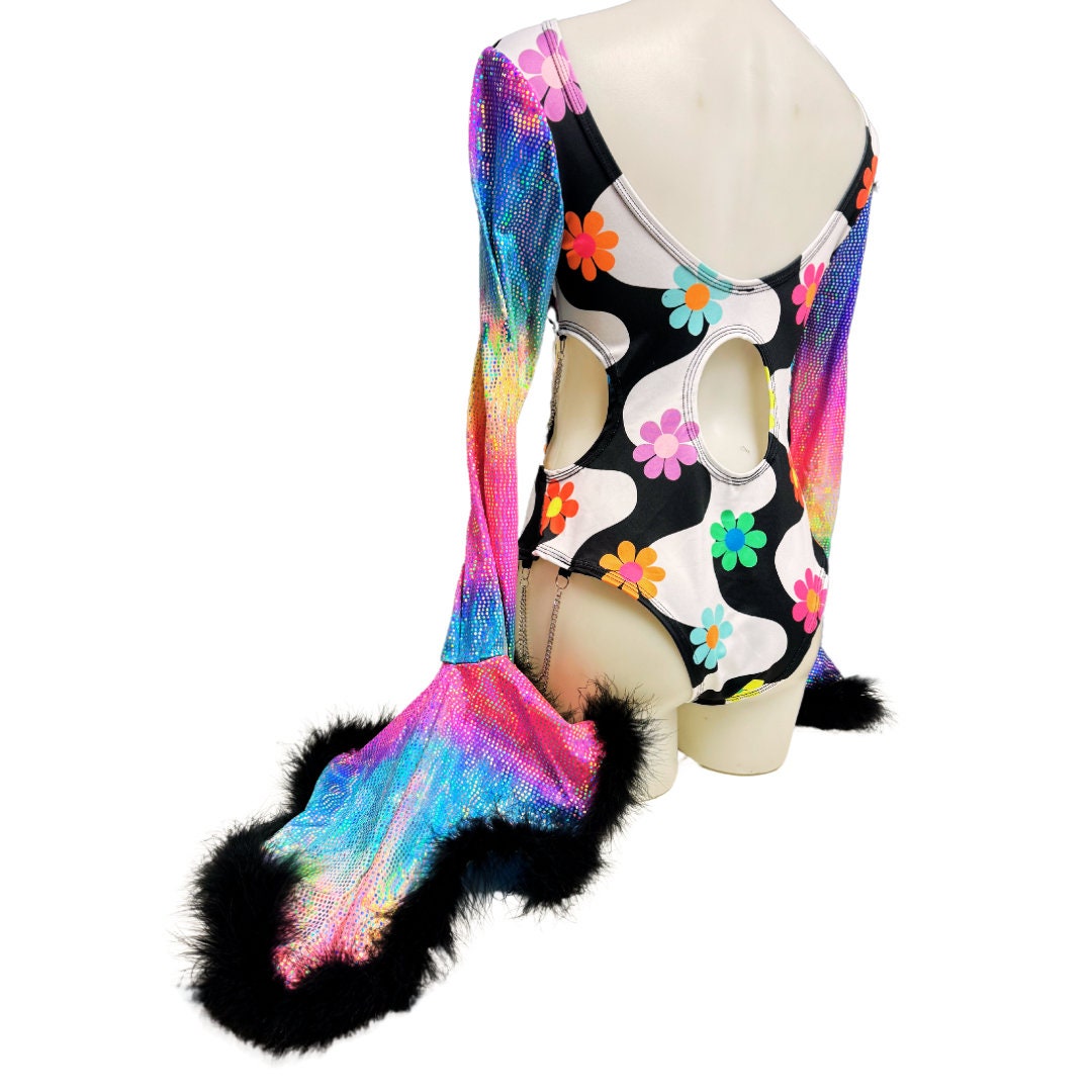 OOAK | Size XLARGE | Aria Cut-Out Cascade Bell Sleeve Bodysuit with Fluff and Chain Detail