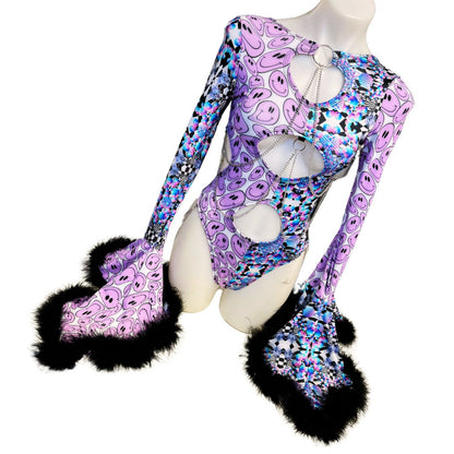 OOAK | Size Medium | Aria Cut-Out Cascade Bell Sleeve Bodysuit with Fluff and Chain Detail