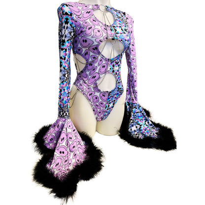 OOAK | Size Medium | Aria Cut-Out Cascade Bell Sleeve Bodysuit with Fluff and Chain Detail