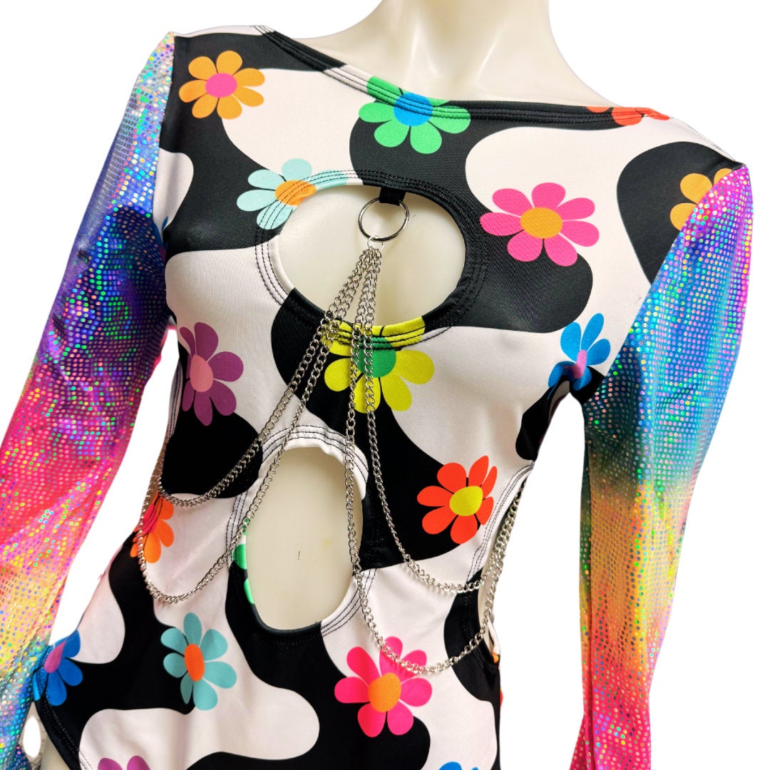 OOAK | Size XLARGE | Aria Cut-Out Cascade Bell Sleeve Bodysuit with Fluff and Chain Detail