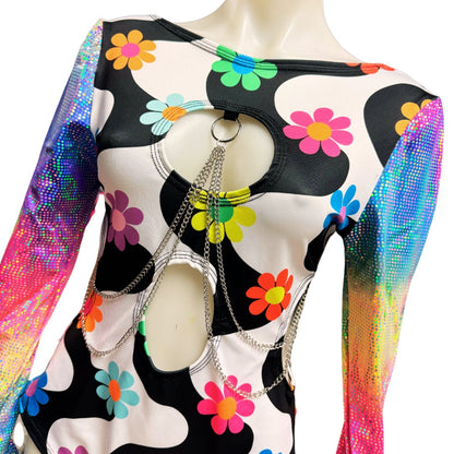 OOAK | Size XLARGE | Aria Cut-Out Cascade Bell Sleeve Bodysuit with Fluff and Chain Detail