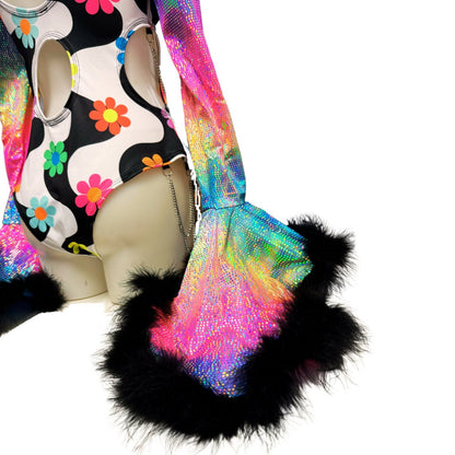 OOAK | Size XLARGE | Aria Cut-Out Cascade Bell Sleeve Bodysuit with Fluff and Chain Detail