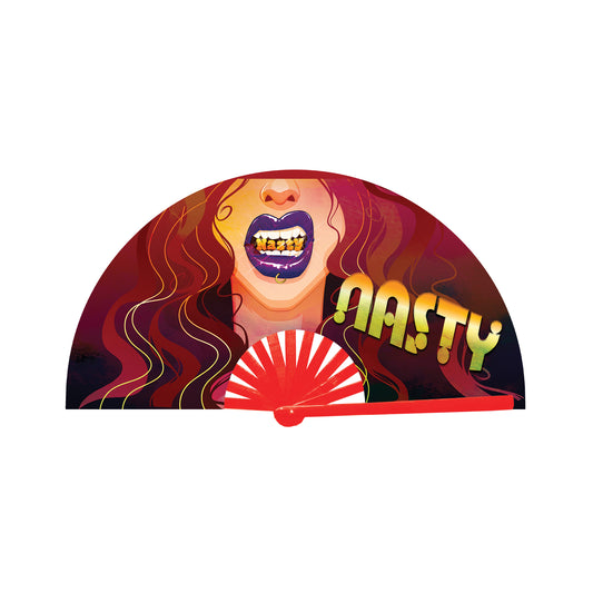 Hand held fans that says nasty on it 