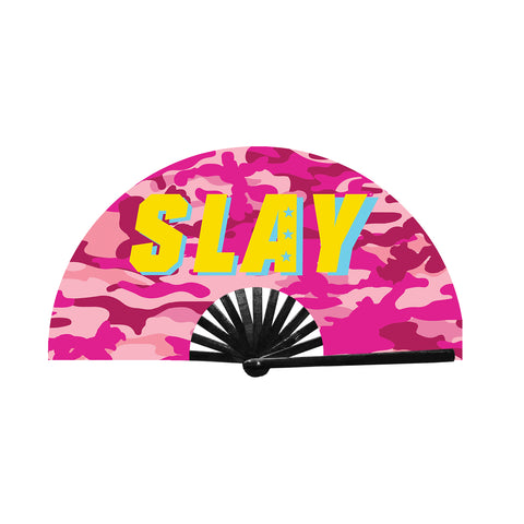 hand fan that says slay on it with a camo background