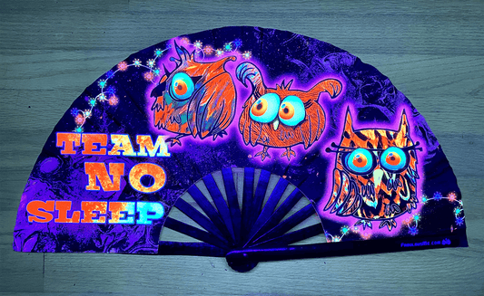 Team No Sleep Hand Fan, and this rave fan glows in blacklight 